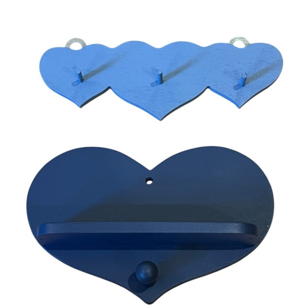 2 Mini Blue WWood Hearts Shelf With Hooks Pegs Country Cottage Granny